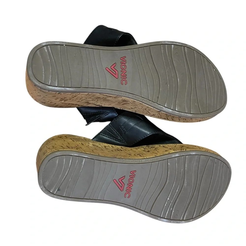 Vionic Anita Black Leather Orthotic Cork Wedge Sandals Comfort Women’s‎